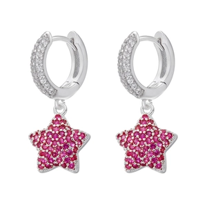 Close-up of star drop earrings with pink micro-pave crystals on silver metal