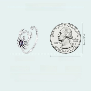 Detailed size chart showing S925 silver scorpion ring dimensions with coin comparison