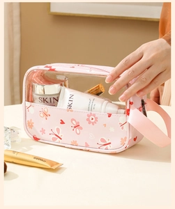 Close-up of pink macaron pattern toiletry bag with transparent window and floral print