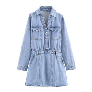 Women Vintage Long Sleeve Denim Dress Slim Fit V Neck Button Up Mini Dress Elegant Casual Blue Jean Dresses For Women