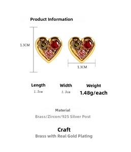 Detailed view of heart stud earrings featuring colorful zircons and brass gold plating