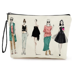 Trousse de maquillage portable avec imprimés de filles stylées et dragonne noire de voyage