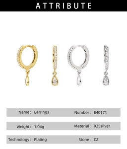 Detailed attribute chart for S925 sterling silver teardrop earrings with CZ stones
