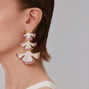 Tiered Fan Shaped Drop Earrings Ginkgo Leaf Design Rhinestone Inlaid Alloy Jewelry With Silver Earring Post For Women