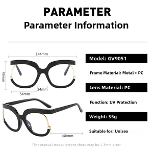 Detailed size specifications for GV9051 Y2K oversized blue light blocking glasses
