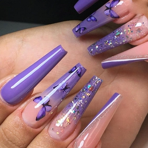 Faux Ongles Coffin Longs Violet Papillon Dégradé Paillettes Style Français Ongles Artificiels Pour Femmes