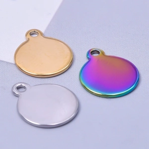 Polished stainless steel round pendant tags in gold, silver, and rainbow colors