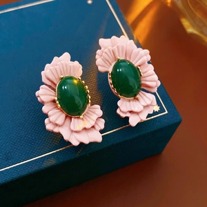 Vintage Flower Earrings With Silver Earring Post Alloy Glass Pink Petals Green Oval Stone Retro Style For Women