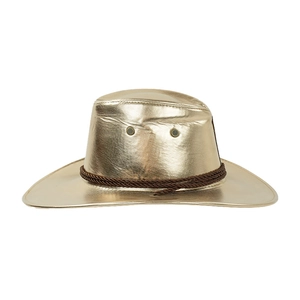 Metallic gold PU leather cowboy hat with brown braided cord on a white background