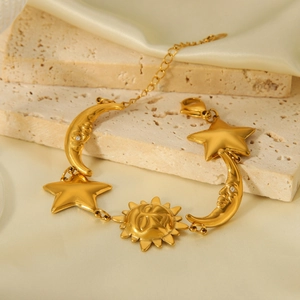 18K gold plated stainless steel bracelet with celestial sun moon star charms on stone