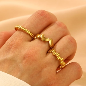 Bagues En Acier Inoxydable Pour Femmes Plaquées Or 18K Cœur Ondulé Ajustable Ouvert Minimaliste Bijoux De Mode