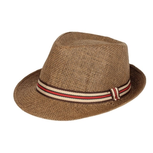 Classic tan straw Panama hat with red, white, and blue striped band for sun protection