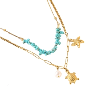 Double-layered starfish and turtle pendant necklace with turquoise beads and pearl