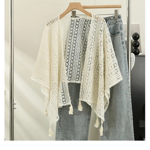 Macro detail of creamy white crochet lace cardigan with intricate floral patterns and tassels
