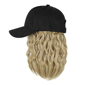 Side view of black baseball cap with integrated long blonde wavy synthetic hair