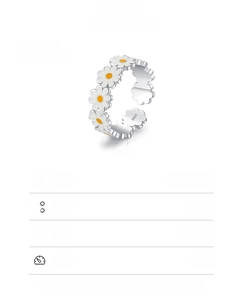 Detail view of S925 sterling silver daisy ring with size specs and 6mm width markings