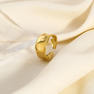 Minimalist 18K gold plated wide open ring with irregular wave texture on silk background