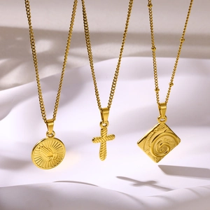 18K gold plated stainless steel necklaces with cross and geometric round pendants