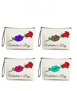 Pattern display of four canvas makeup bags with rose and lip Valentine's Day designs