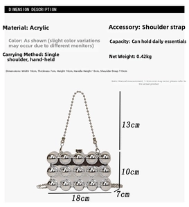 Detailed size chart for silver acrylic sphere handbag with precise measurements
