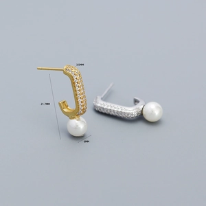 Elegant J-shaped pearl drop earrings with sparkling zircon inlay in gold and silver finish