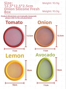 Tabla de tallas de recipientes de silicona para aguacate, cebolla, limón y tomate