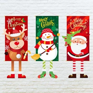Christmas Hanging Banner Wall Door Decoration Flocked Cloth Santa Snowman Reindeer Elf Cartoon Festive Home Ornament