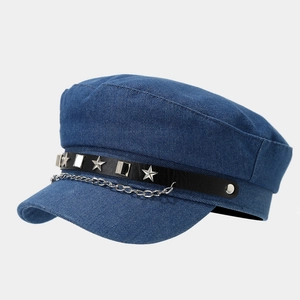 Japanese retro flat top navy cap in dark blue denim with star studs and chain detail