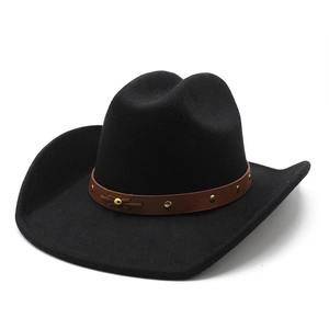Detailed view of black felt cowboy hat with studded brown leather band on white background