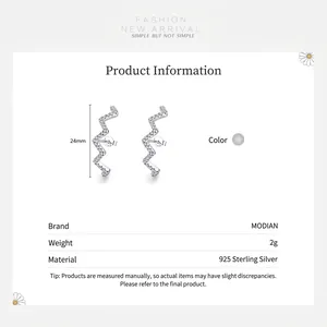 Minimalist S925 sterling silver wave stud earrings with cubic zirconia, 24mm length