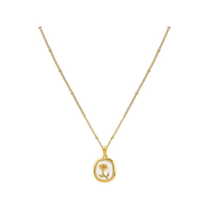 Elegant gold titanium necklace with oval white enamel rose pendant and crystal detail
