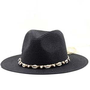 Detail showing high-density black straw weaving and ethnic shell band on sun hat