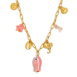 Gold paperclip necklace with pink shell fish and starfish charms on a white background