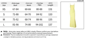 Size chart for backless floor-length dress showing bust, waist, and hip measurements