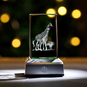 Macro shot of 3D laser engraved crystal with giraffes and LED light base detail