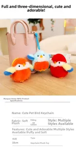 Vue détaillée de pendentifs oiseaux en peluche de 10cm avec fourrure douce et dragonnes