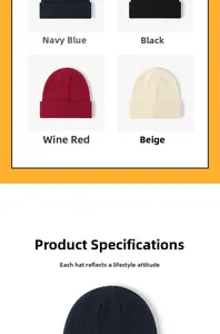Detail view of ribbed knit beanies in navy, black, wine red, and beige for winter warmth