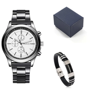 Coffret cadeau montre à quartz pour homme et bracelet tressé dans une boîte bleue