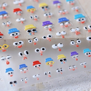 3D cartoon expression nail art stickers with funny eyes and colorful hats decor