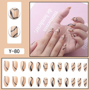 Almond-shaped nude press-on nails with black abstract line art, model Y-80 full set