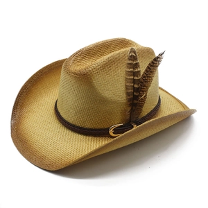Chapeau de cowboy en paille avec bande en cuir tressé et plumes pour protection solaire
