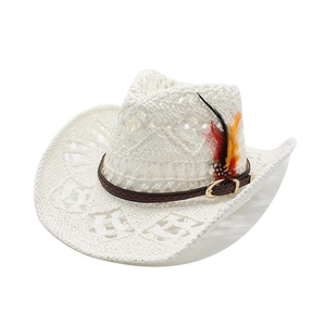 Close-up of white woven cowboy hat with hollow patterns and feather decoration