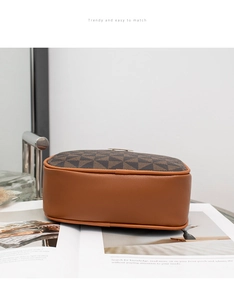 Detail shot of the contrast color crossbody bag with geometric prints and rounded base