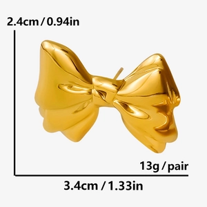 Detailed dimension view of gold bow earrings in 304 stainless steel with 18k finish