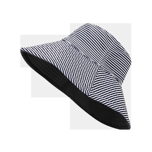 Detail of nautical striped sun hat showing blue and white patterns and black inner lining