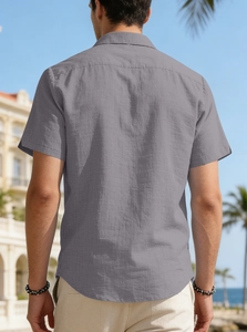 Men's gray short sleeve shirt back view showing casual fit and natural fiber texture