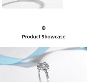 Detail of emerald cut zircon ring with halo diamonds on a soft blue ribbon background