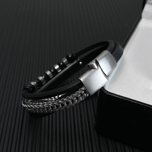 Men's multilayer black braided leather bracelet with silver magnetic metal clasp