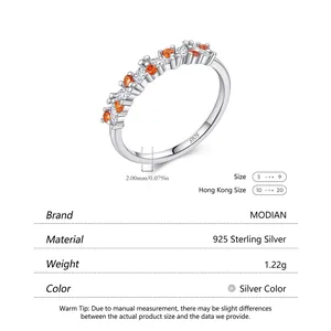 MODIAN S925 sterling silver ring with orange and white gems and 2mm thin band