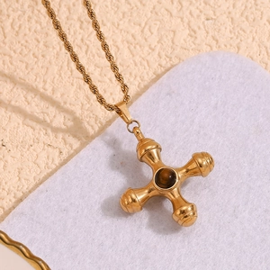 Vintage Cross Rudder Pendant Necklace 18K Gold Plated Stainless Steel With Brown Stone Twist Chain For Women